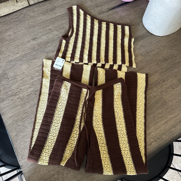 Free People Other - Free People Brown and Yellow Striped Crochet Swim Set